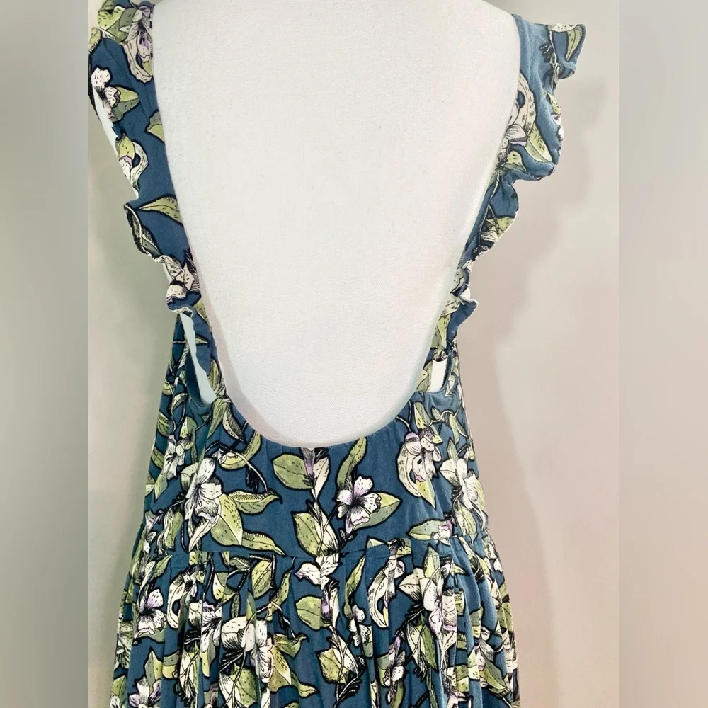 FREE PEOPLE Dear You Blue Green Floral Ruffle Flare Casual Sundress Size Medium
